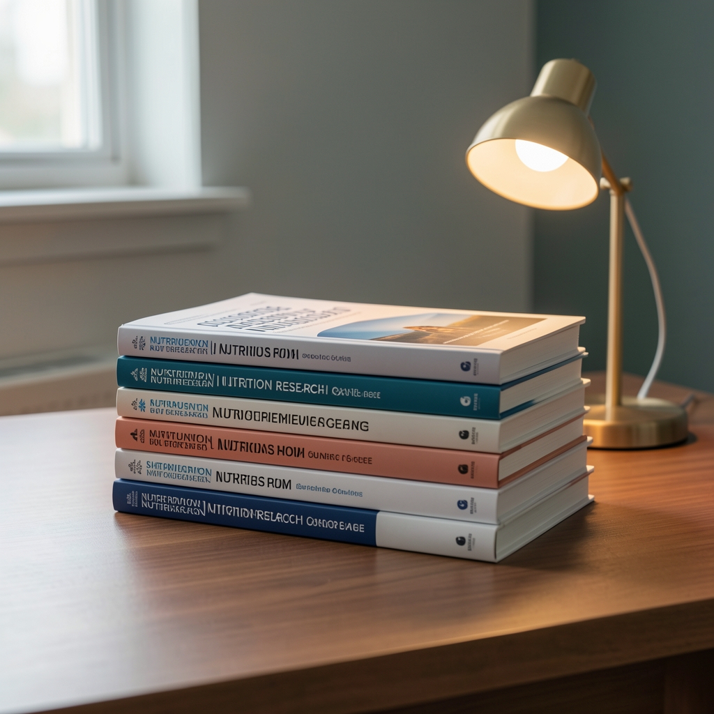 Stack of nutrition research journals on a desk with a small reading lamp, quiet workspace atmosphere