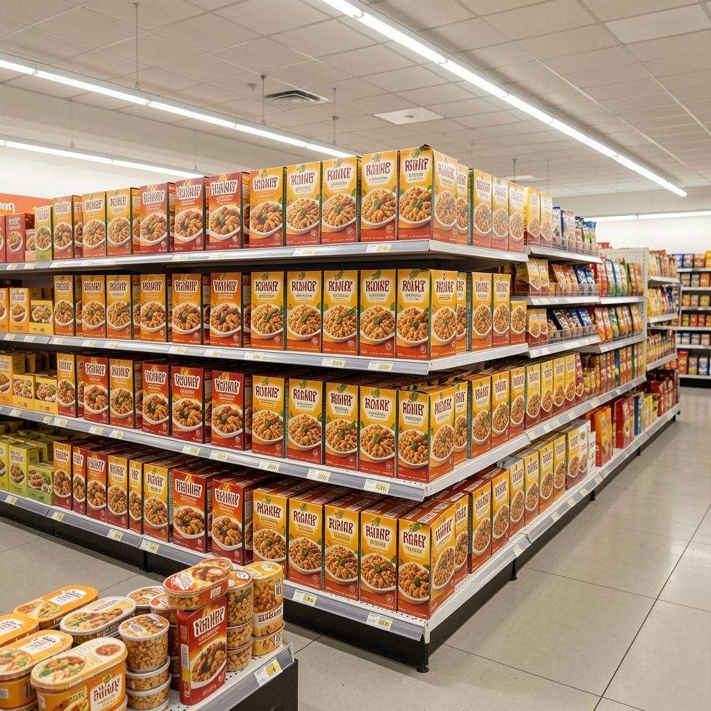 Rows of identical ready-meal packaging on supermarket shelves under bright store lighting, UK grocery store