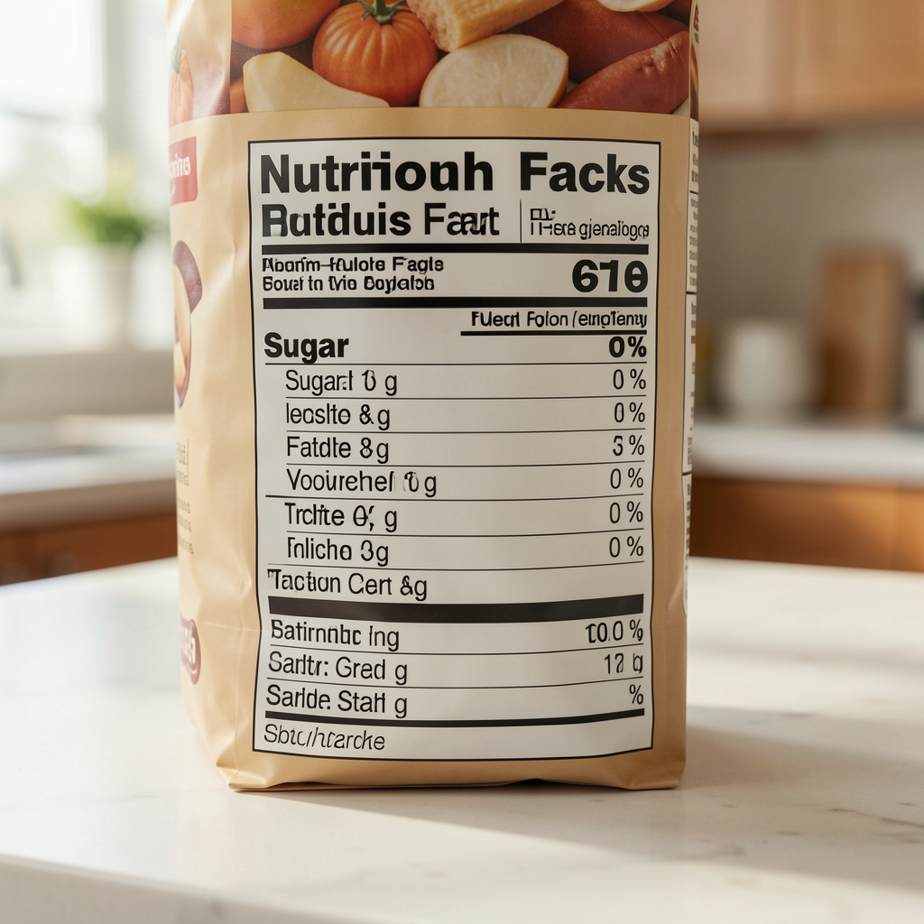 Close-up of a nutrition label on a packaged food item showing sugar and salt content figures, natural daylight on a kitchen worktop