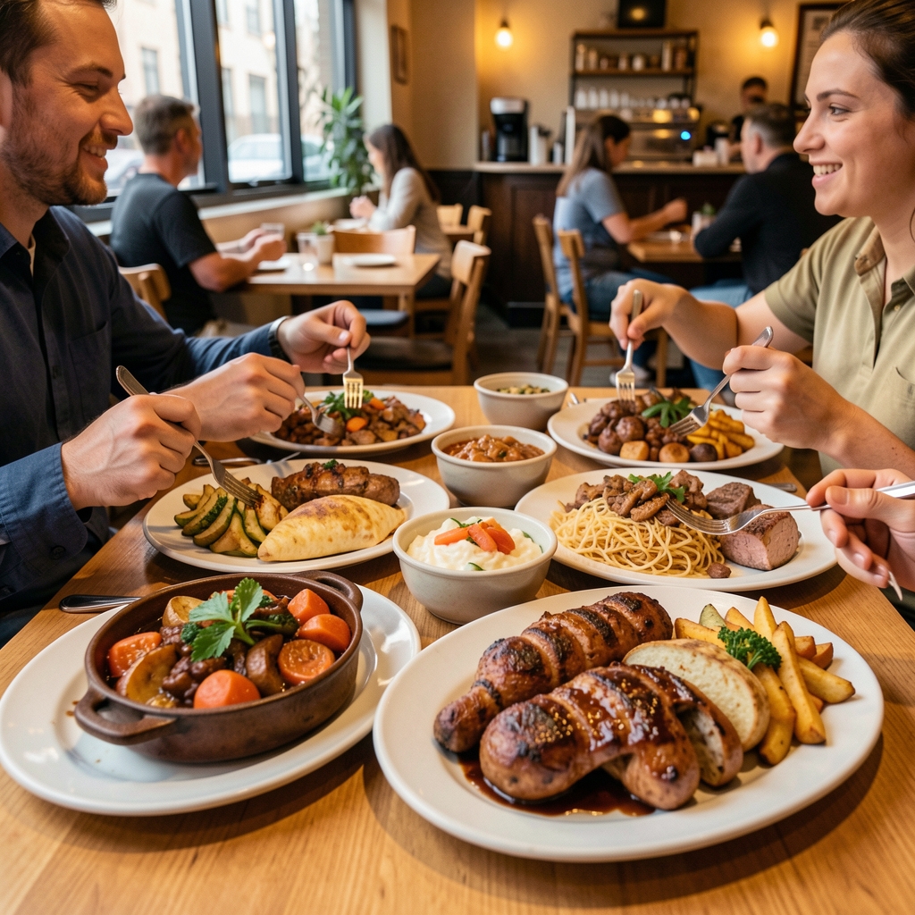 Generous portions of food served on large plates at a casual restaurant table, warm indoor lighting