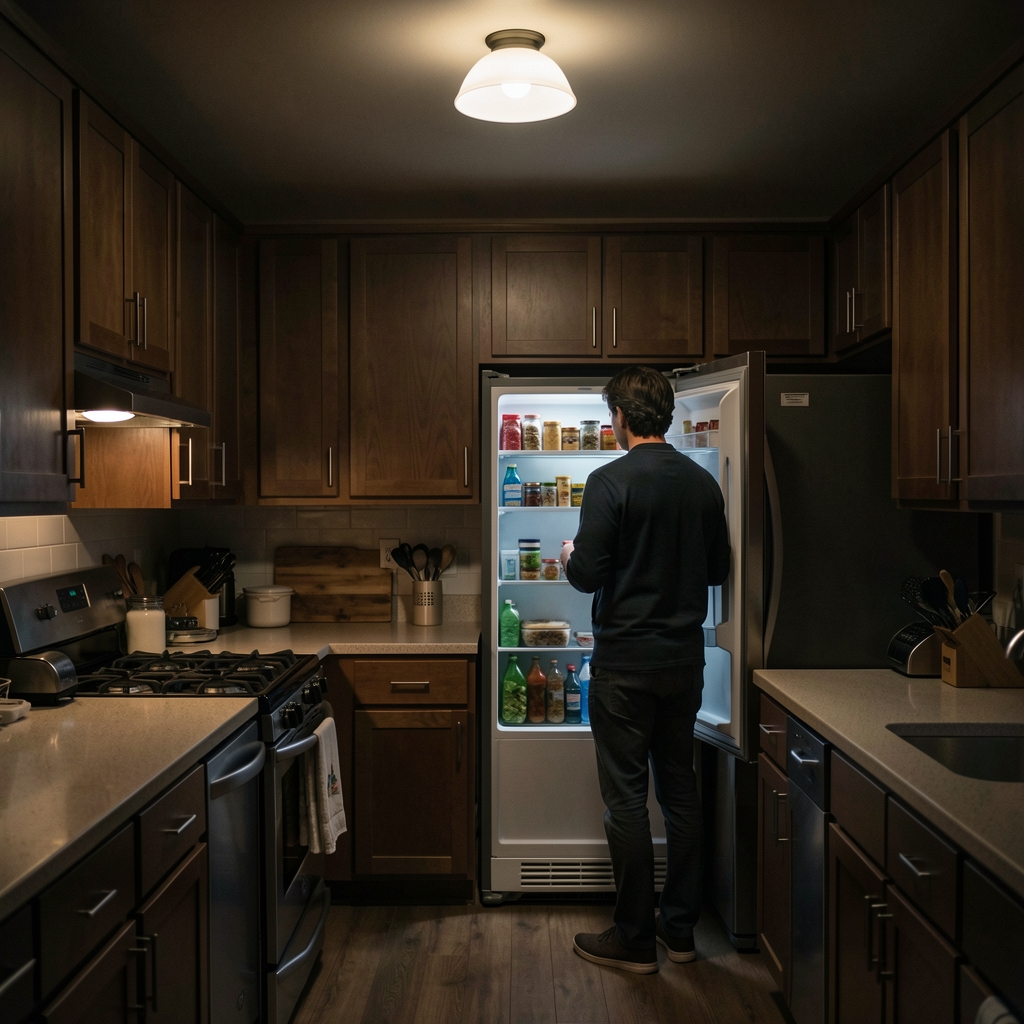 Dark kitchen at night, single overhead light, person standing near open refrigerator in dim light