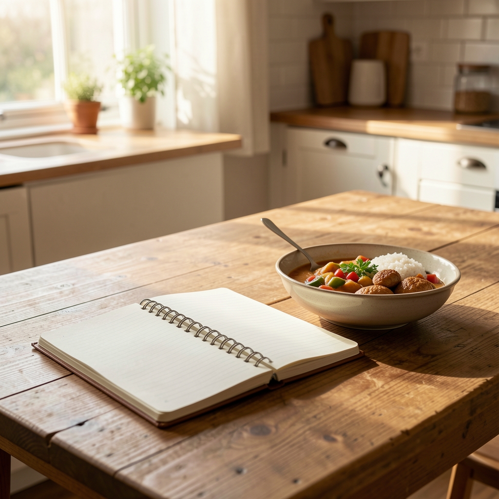 Notebook open on a wooden kitchen table next to a simple meal, morning light, quiet domestic setting